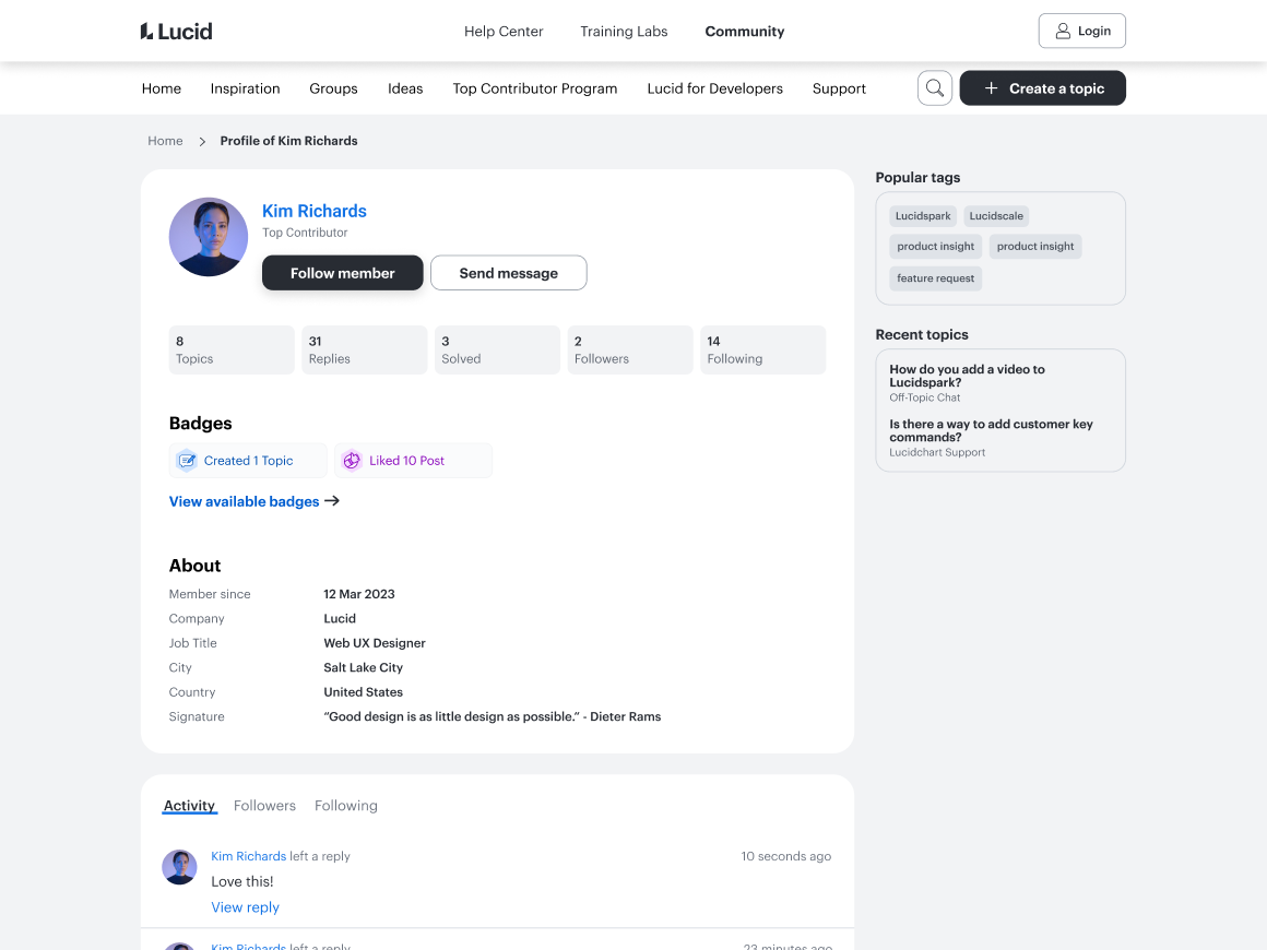 lucid community user profile page