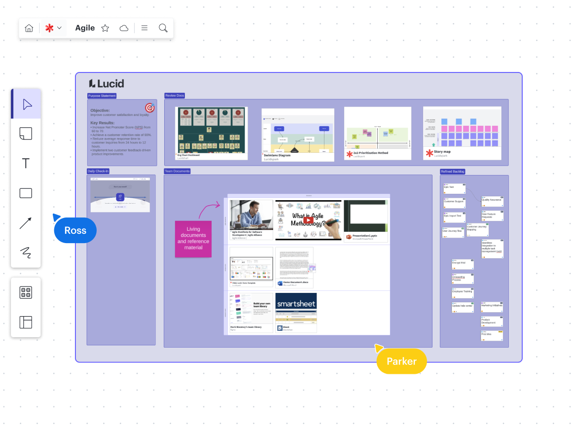 Team spaces in Lucid set up for Agile teams, with resources, tasks, and OKRs