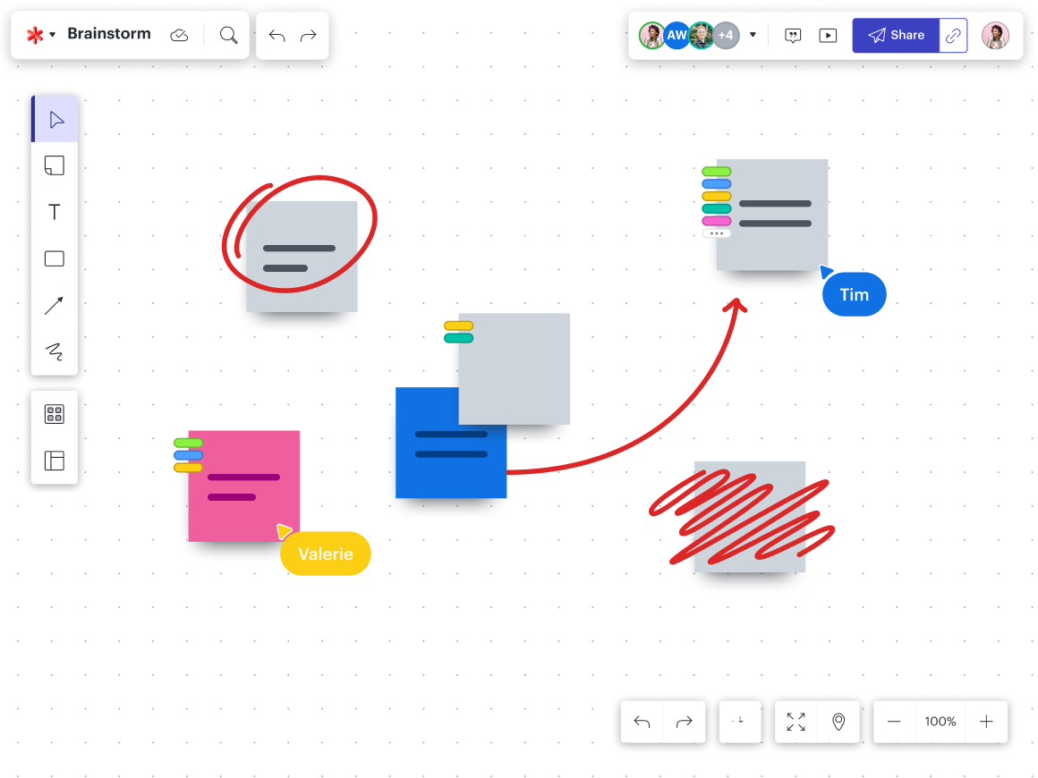 A Lucidspark board of a brainstorm with sticky notes, tags, and freehand drawing