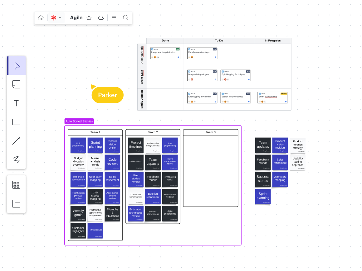 Lucidspark board for Agile teams with a Dynamic table and containers organized by teams